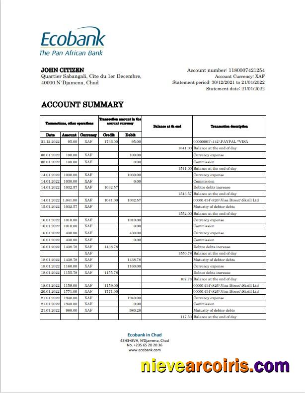 Chad Ecobank bank statement Excel and PDF, completely editable (AutoSum)